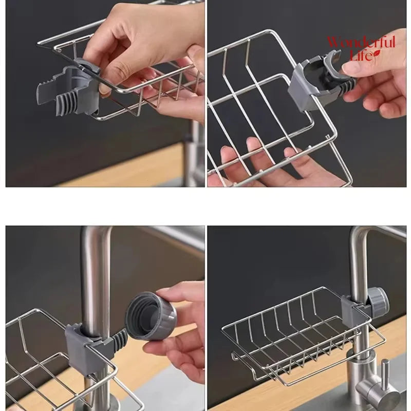 Space-Saving Stainless Steel Kitchen Sink Organizer | Soap Drainer, Towel Holder & Faucet Storage Rack