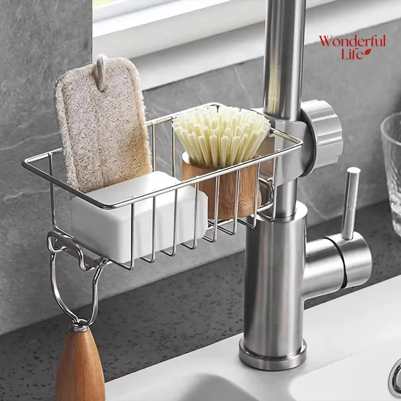 Space-Saving Stainless Steel Kitchen Sink Organizer | Soap Drainer, Towel Holder & Faucet Storage Rack