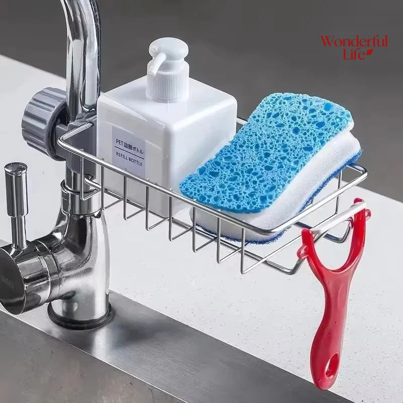 Space-Saving Stainless Steel Kitchen Sink Organizer | Soap Drainer, Towel Holder & Faucet Storage Rack